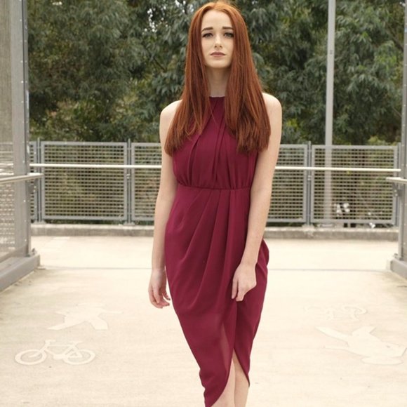Adrianna Papell Womens Long Drape Dress Pleated Front Back Keyhole Maroon SZ 4P - Picture 1 of 8